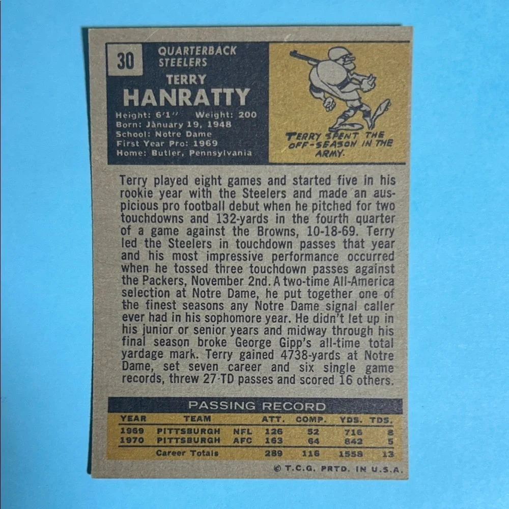 1971 Topps Terry Hanratty Pittsburgh Steelers NFL  Card#30 (Notre Dame)